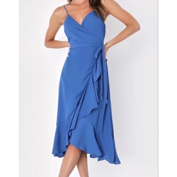Lulu's blue ruffle wrap spaghetti strap midi dress